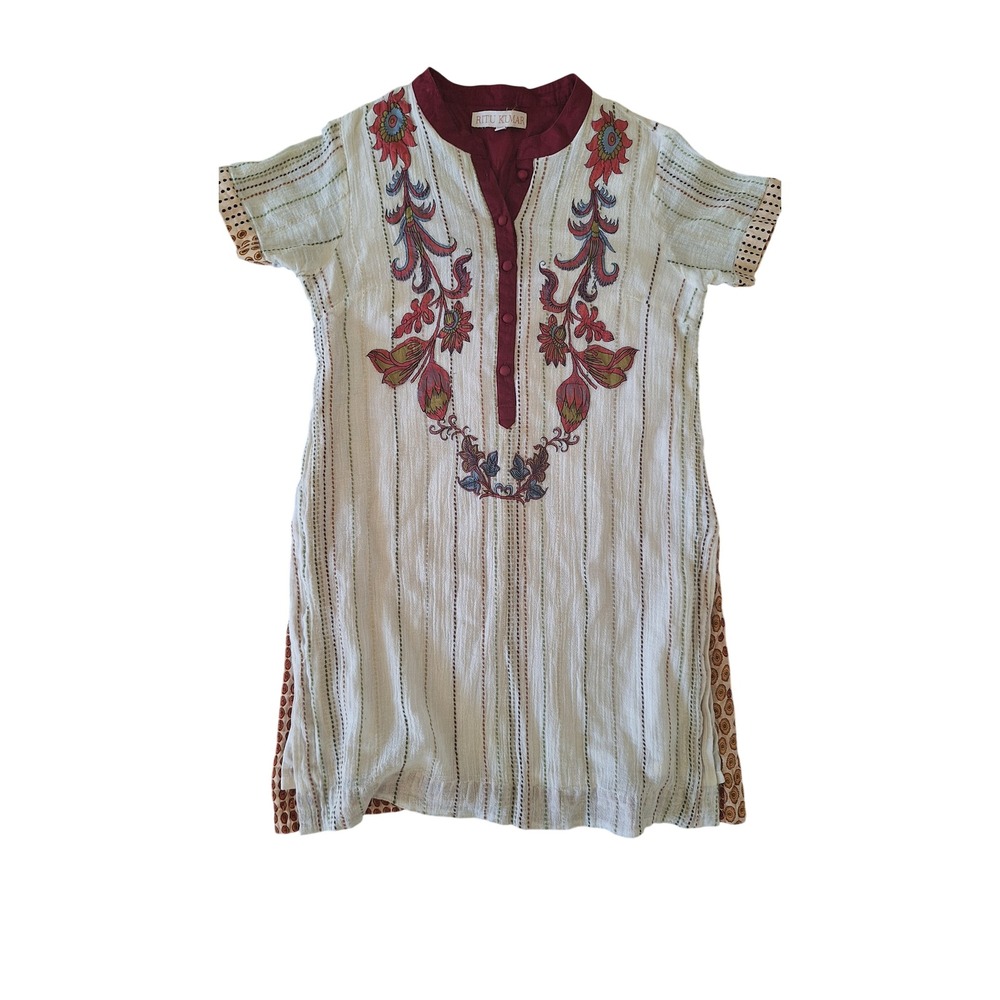 Ritu Kumar Women Cotton Embroidered Tunic Dress Cream Burgundy Floral Varali